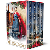 Cover for The Christmas Collection by historical romance author Regina Scott, showing a young lady in a high-waisted dress and a flowing scarlet cape near a snowy country house