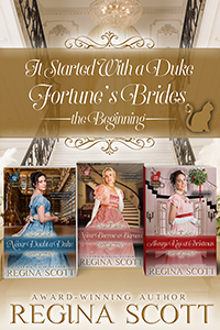 Cover for It Started With a Duke: Fortune's Brides, the Beginning, a box set of the first two books and the prequel, showing an elegant gold and white staircase with three books superimposed