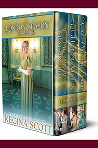 A London Season Sampler, featureing The Unflappable Miss Fairchild, The Husband Mission, and Never Pursue a Prince by historical romance author Regina Scott, showing a young lady in a vivid green dress in a fancy London ballroom