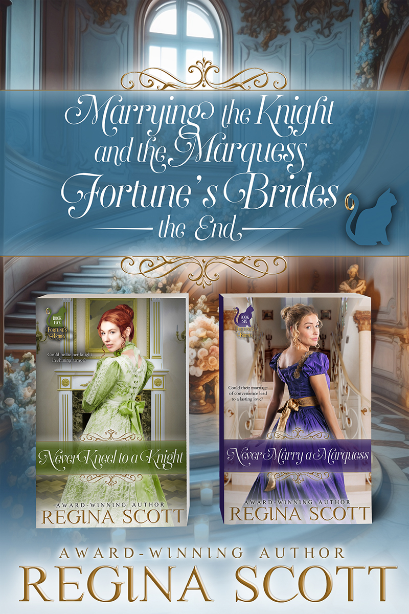 Cover for Marrying the Knight and the Marquess: Fortune's Brides, the End, a box set of the fifth and sixth books in the series, showing an impressive stone staircase with candles and orchids, with two books superimposed