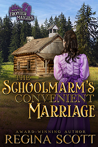Cover for The Schoolmarm's Convenient Marriage by historical romance author Regina Scott, showing a dark-haired woman in a purple dress walking across a forest clearing for an old one-room school